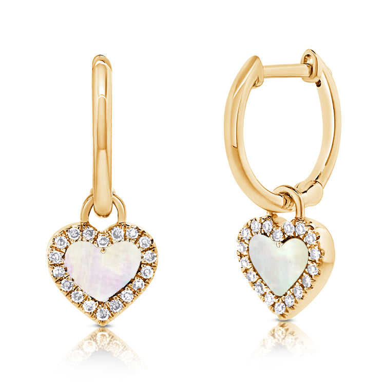 14K Gold Mother of Pearl Hanging Heart Huggies