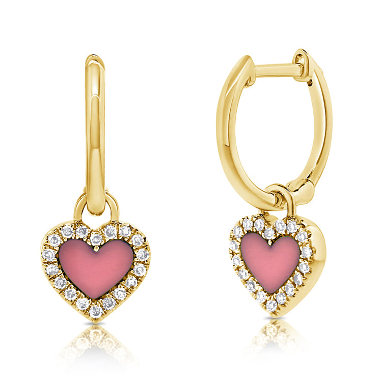 14K Gold Pink Opal Hanging Heart Huggies