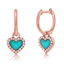 Load image into Gallery viewer, 14K Gold Turquoise Hanging Heart Huggies

