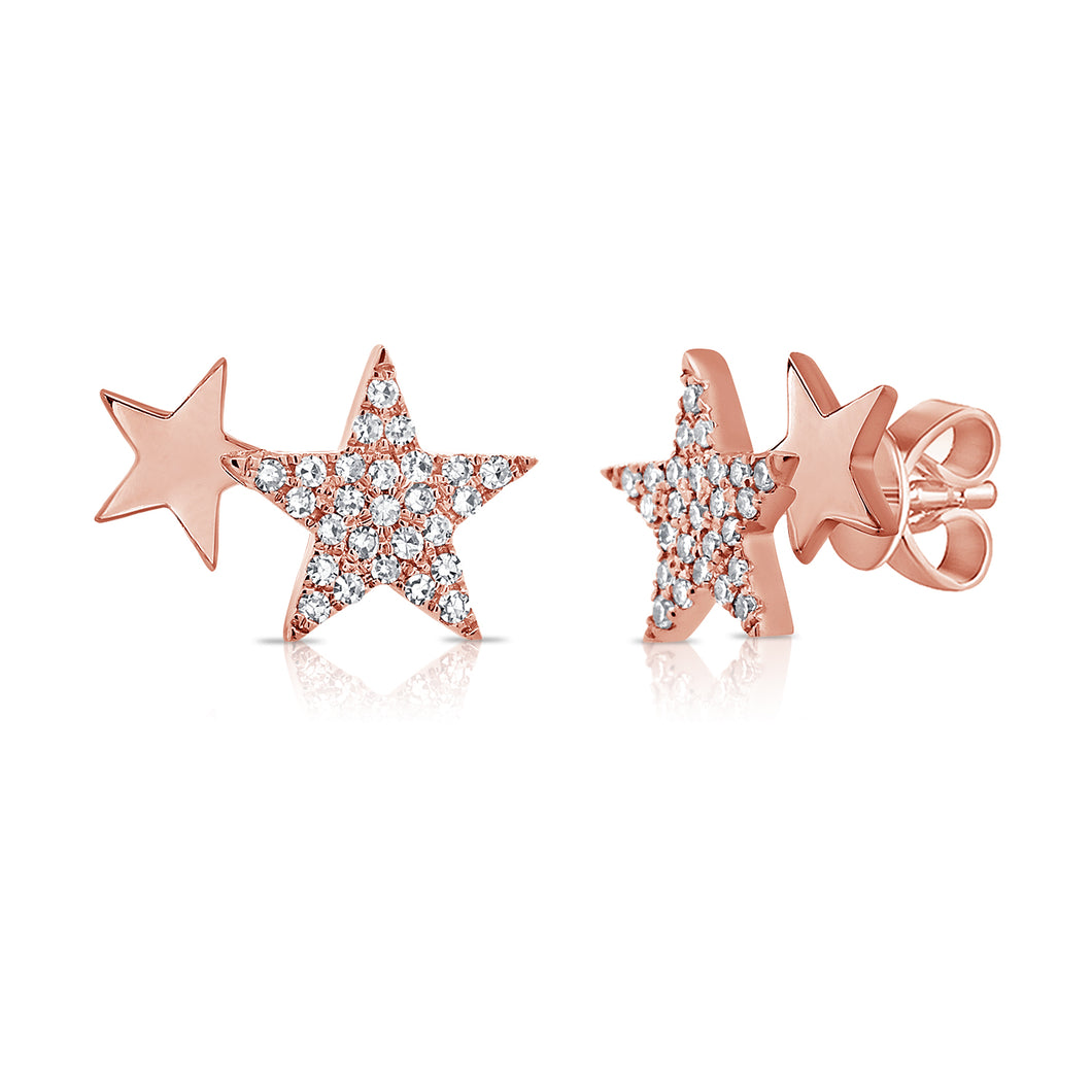 14K Gold and Diamond Double Star Studs Medium