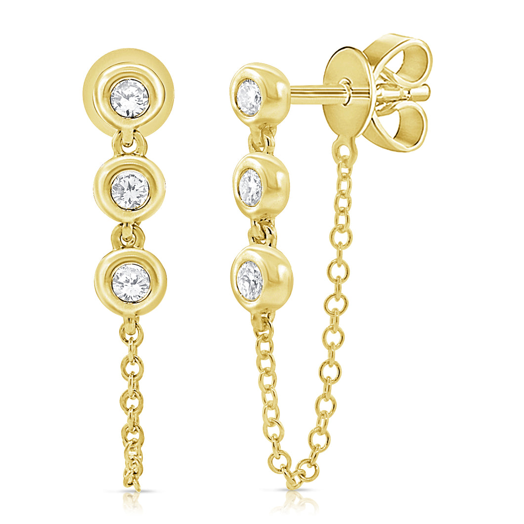 14K Gold 3 Bezel Diamond Chain Earrings