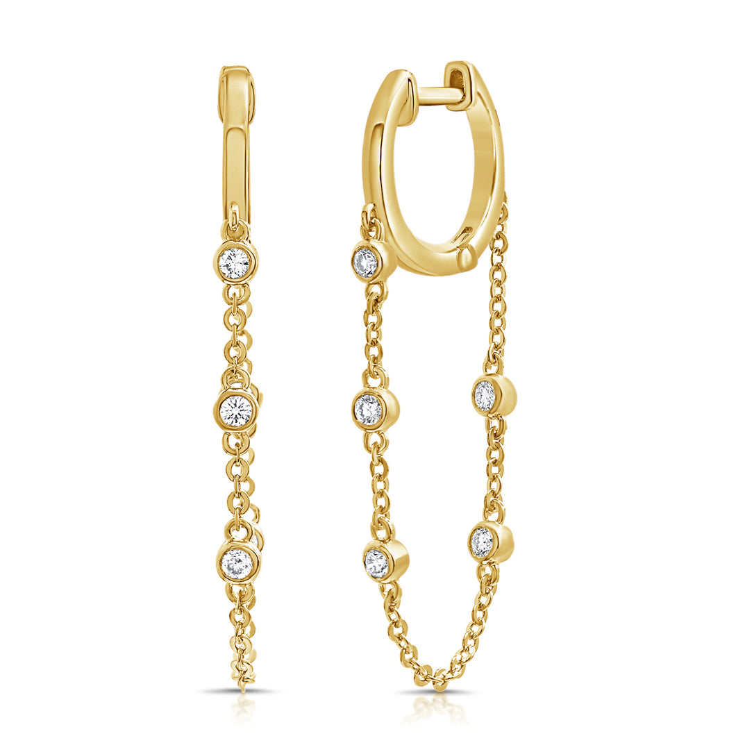 14K Gold Diamond Huggie Bezel Chain Earring