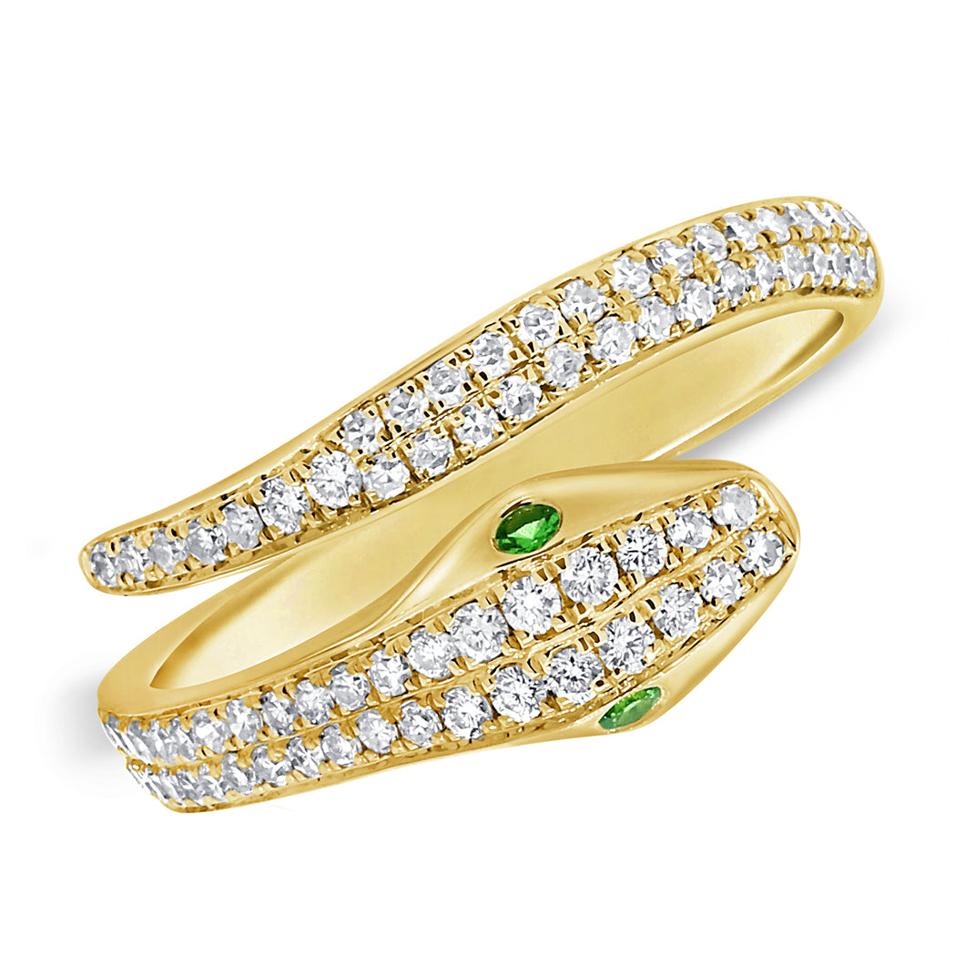 14K Gold Diamond Snake Ring With Emerald Eyes