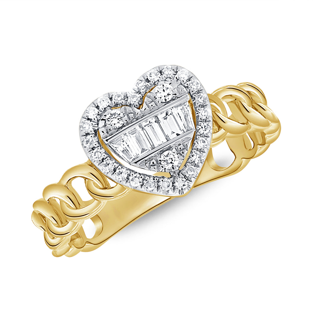 14K Gold Diamond and Baguette Cuban Heart Ring