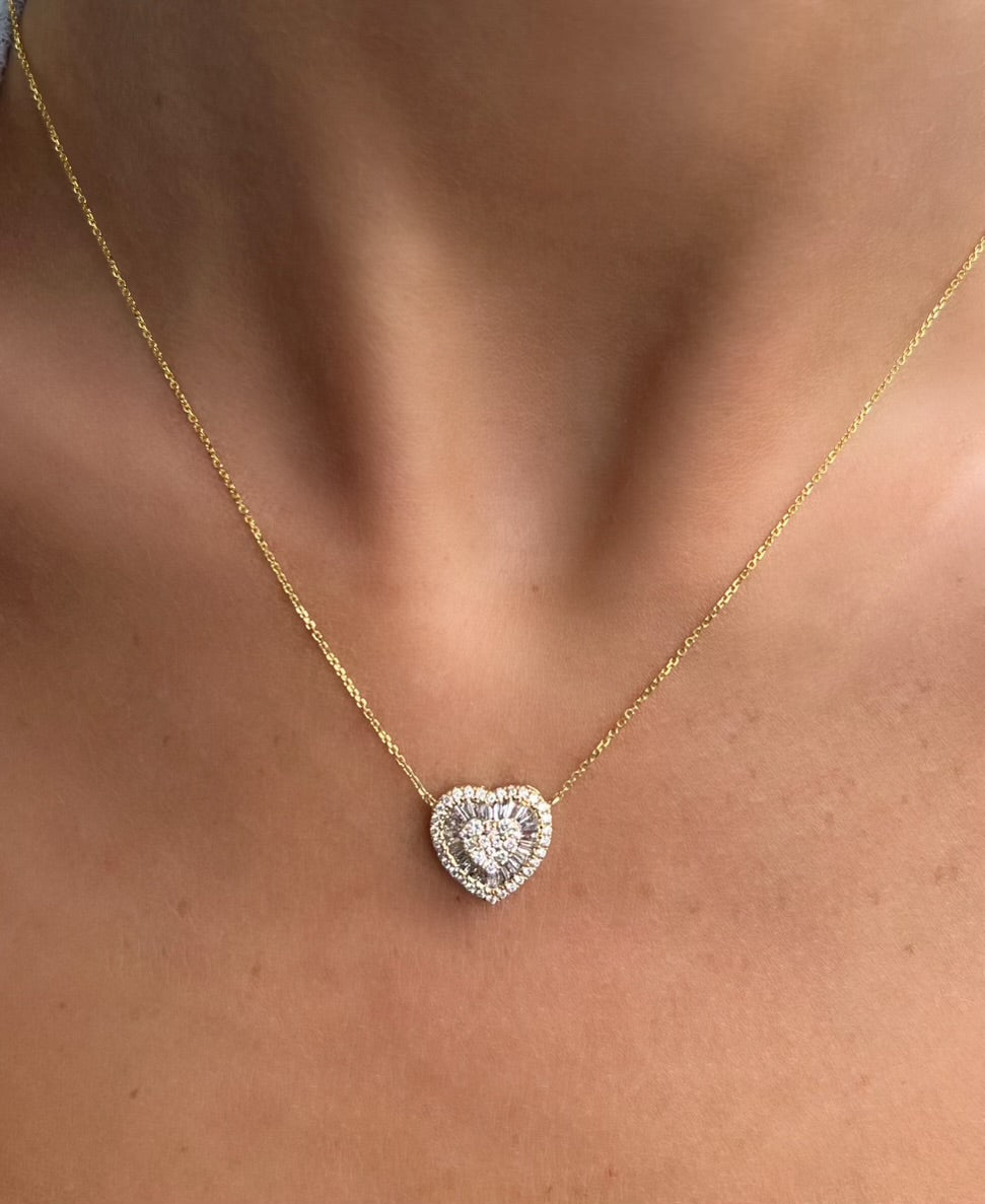 14K Gold Baguette Diamond Heart Pendant Necklace