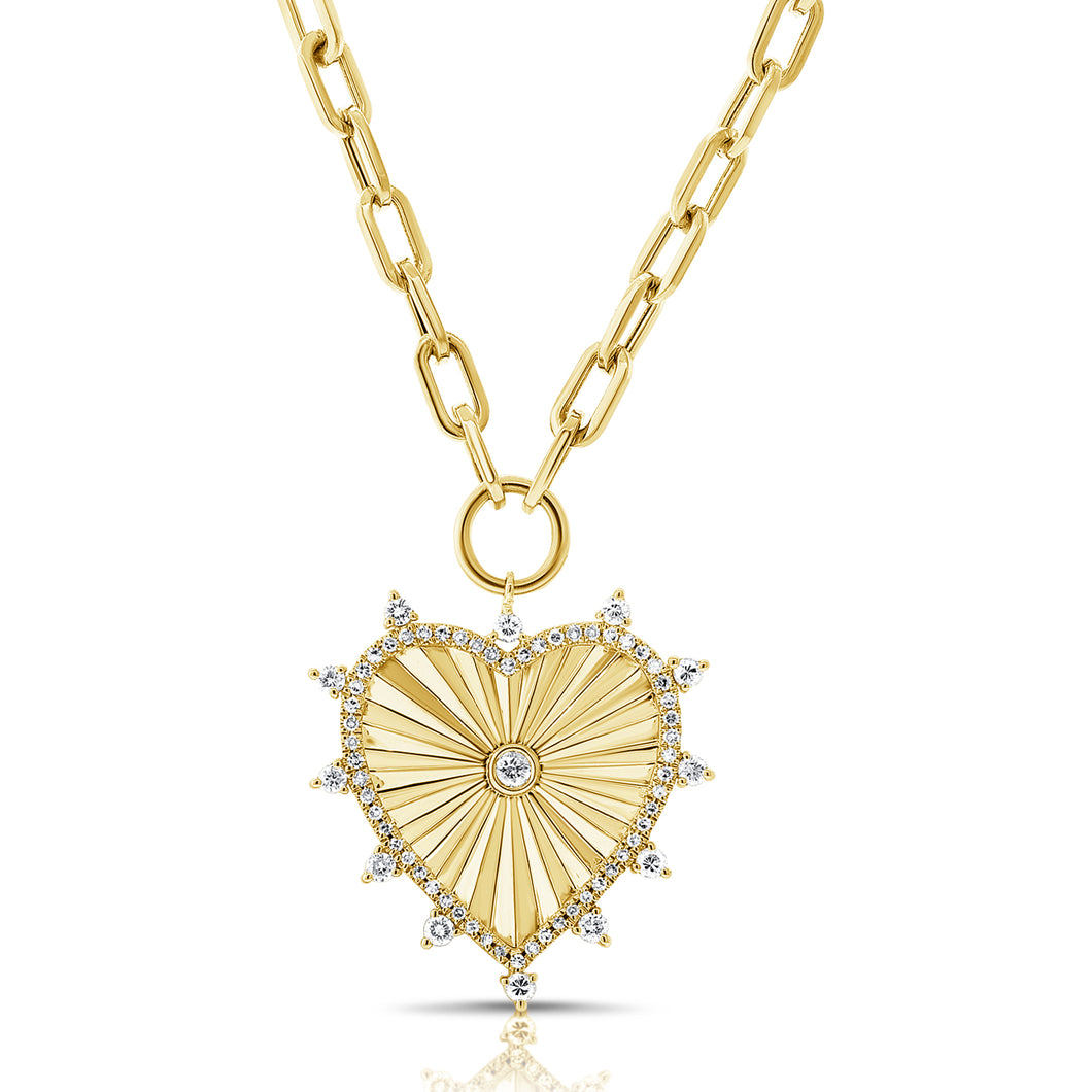 14K Gold Small Diamond Heart with Diamond Spikes and Paperclip Chain Necklace