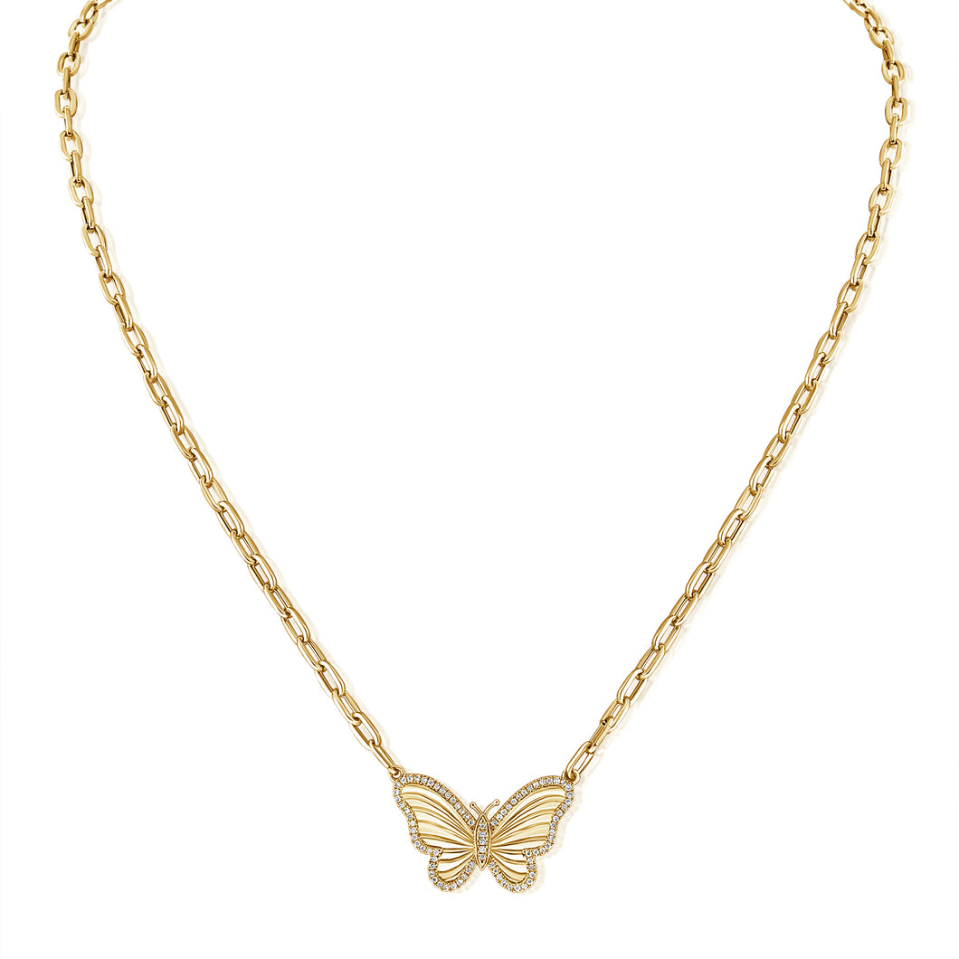 14K Gold Diamond Butterfly Necklace with Paperclip Chain