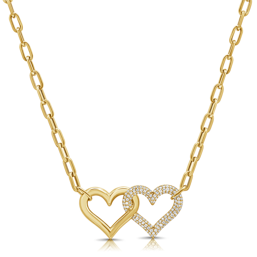 14K Yellow Gold Double Diamond Heart Paperclip Chain Necklace