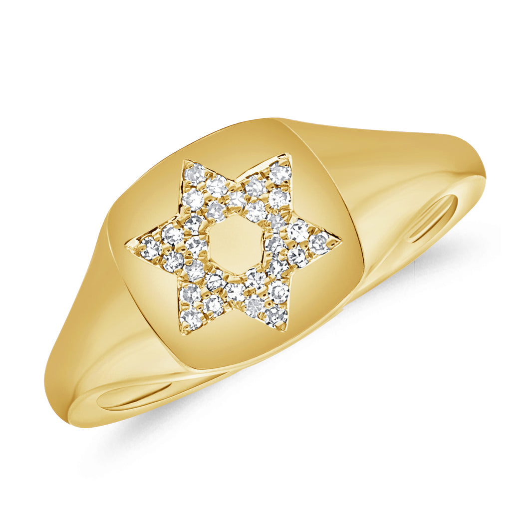 14K Yellow Gold Diamond Star of David Signet Pinky Ring
