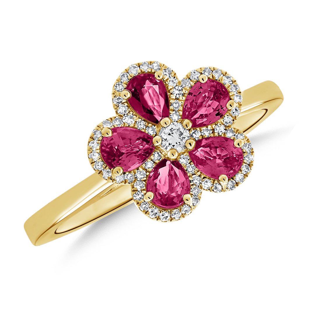 14K Yellow Gold Diamond Pink Sapphire Flower Ring