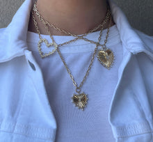 Load image into Gallery viewer, 14K Gold Large Diamond Heart with Baguette Diamonds and Paperclip Chain Necklace
