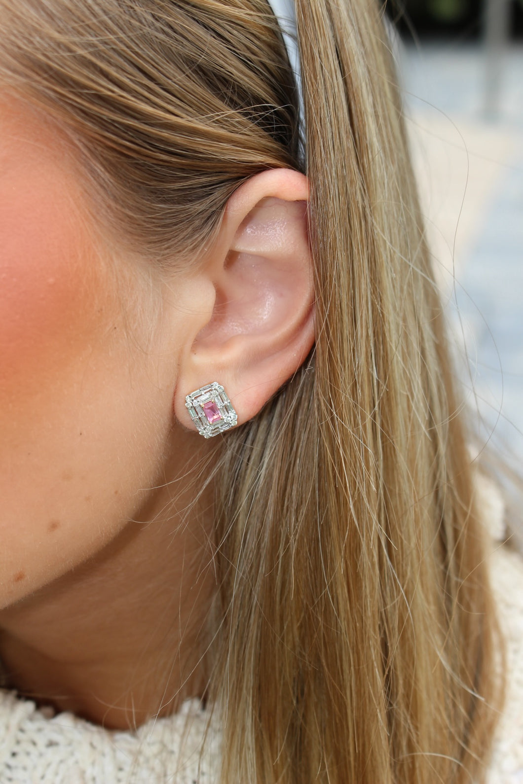 14K Yellow Gold Diamond Baguettes with Pink Sapphire Center Studs