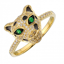 Load image into Gallery viewer, 14K Yellow Gold Half Diamond Band Panther Ring
