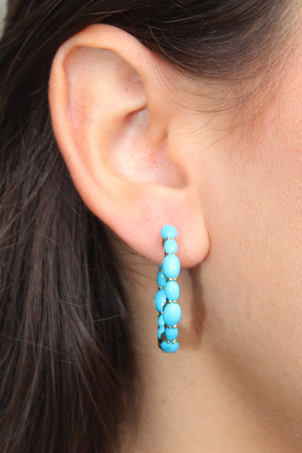 18K Yellow Gold Turquoise Bubble Hoops
