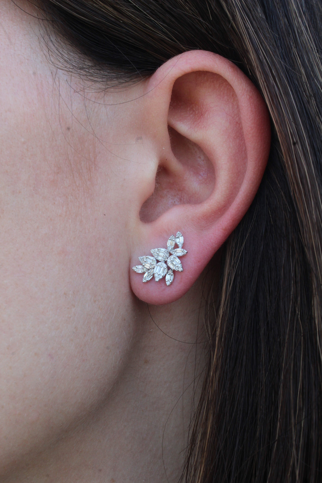 14K White Gold Diamond Multi Cluster Earrings