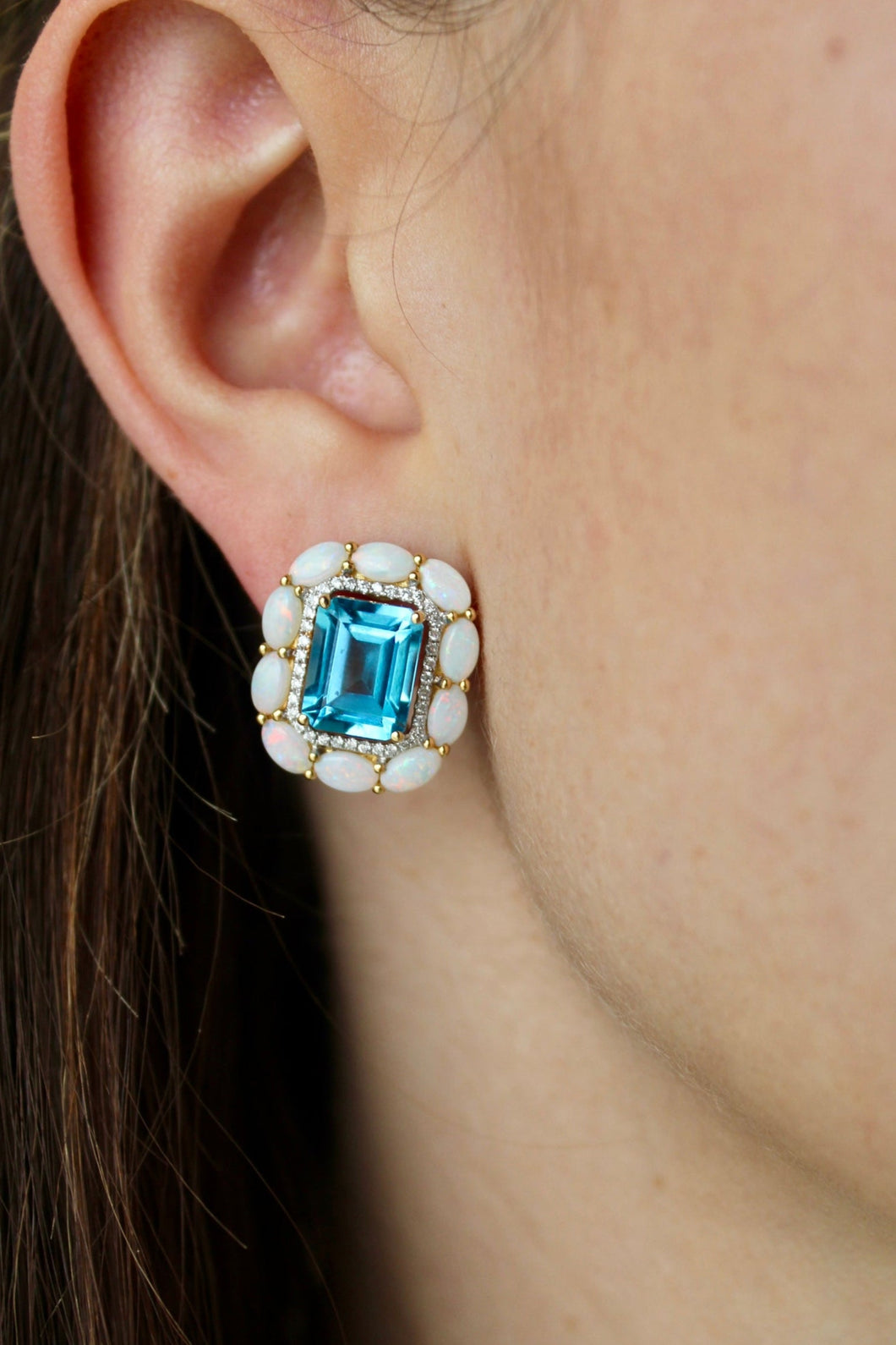18K Yellow Gold Blue Topaz with Australian Opal Halo Studs