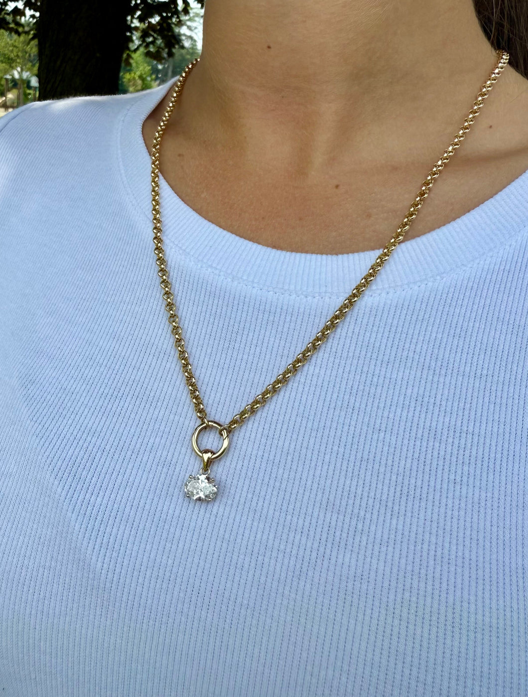 14K Yellow Gold Rolo Chain Lab Grown 2ct Oval Diamond Necklace