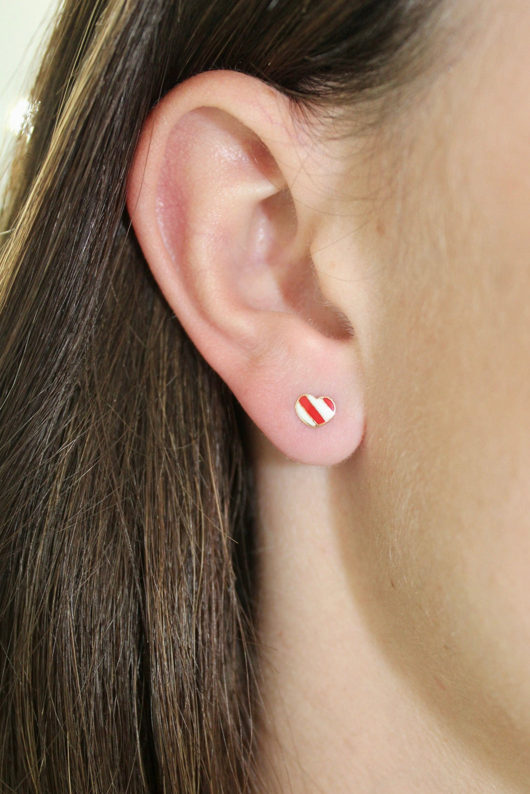 14K Yellow Gold Red and White Heart Screwback Studs