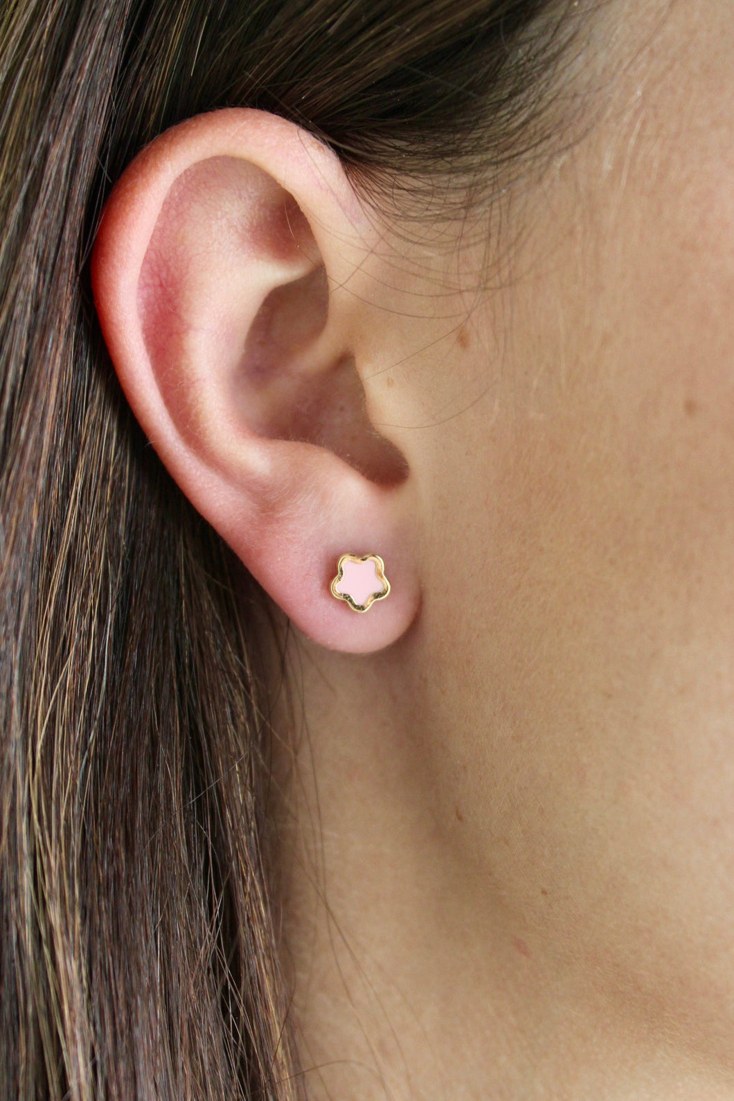 14K Yellow Gold Pink Enamel Flower Screwback Studs