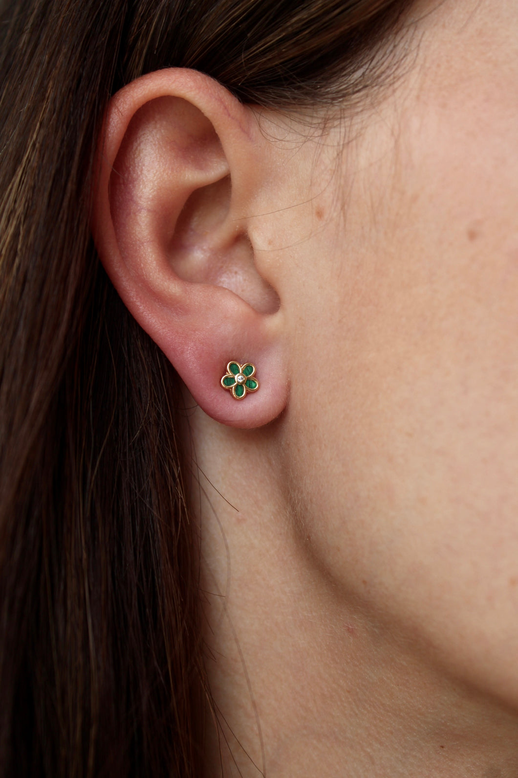 14K Yellow Gold Malachite Flower Screwback Studs