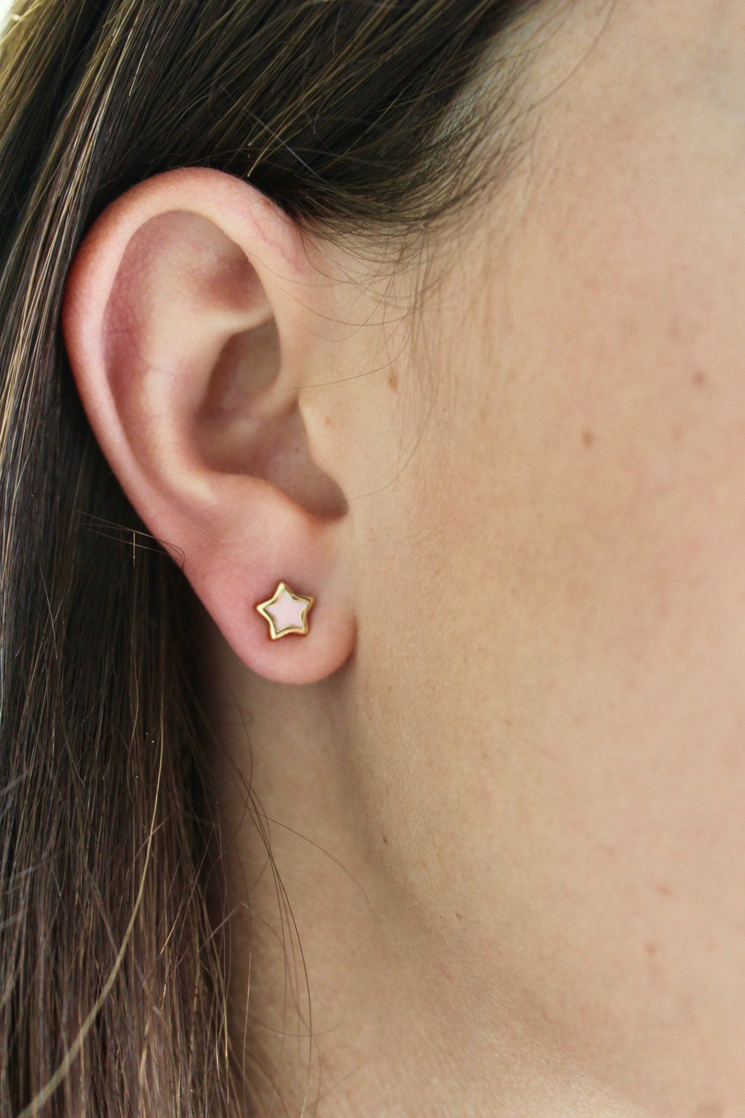 14K Yellow Gold Pink Enamel Star Screwback Studs