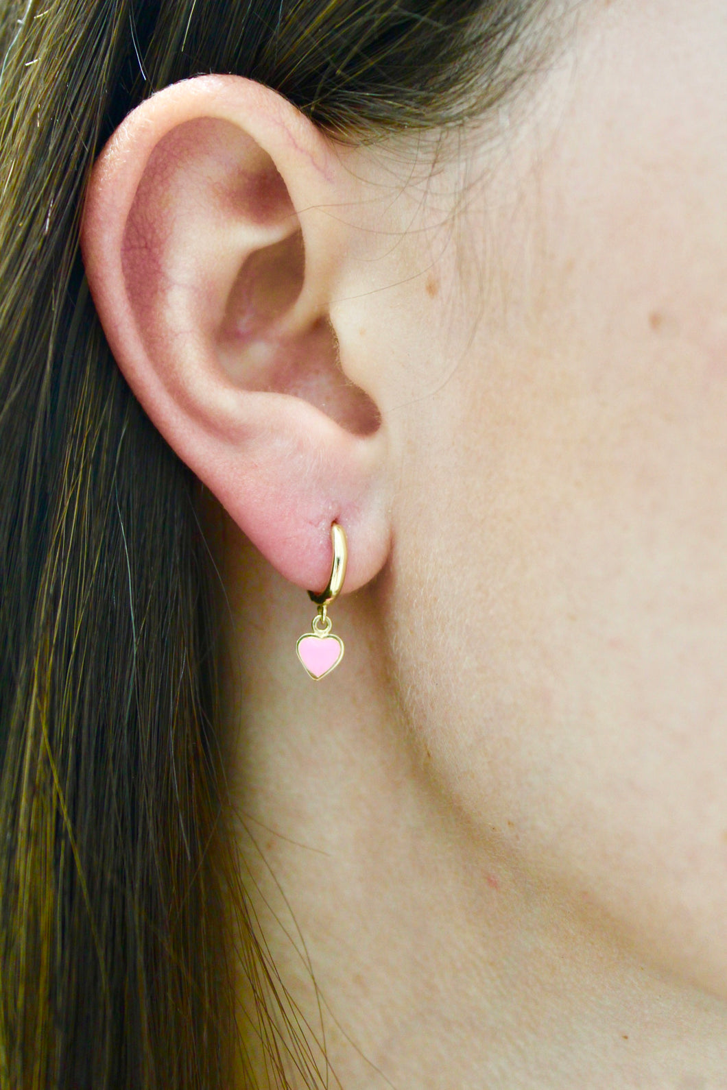 14K Yellow Gold Pink Enamel Heart Charm Kids Huggies