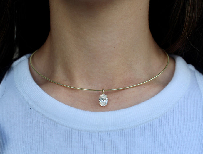 14K Yellow Gold Omega Chain 2ct Lab Grown Oval Diamond Necklace