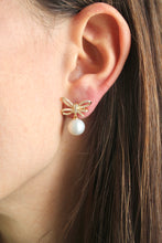 Load image into Gallery viewer, 14K Yellow Gold Bow Pearl Stud Earrings
