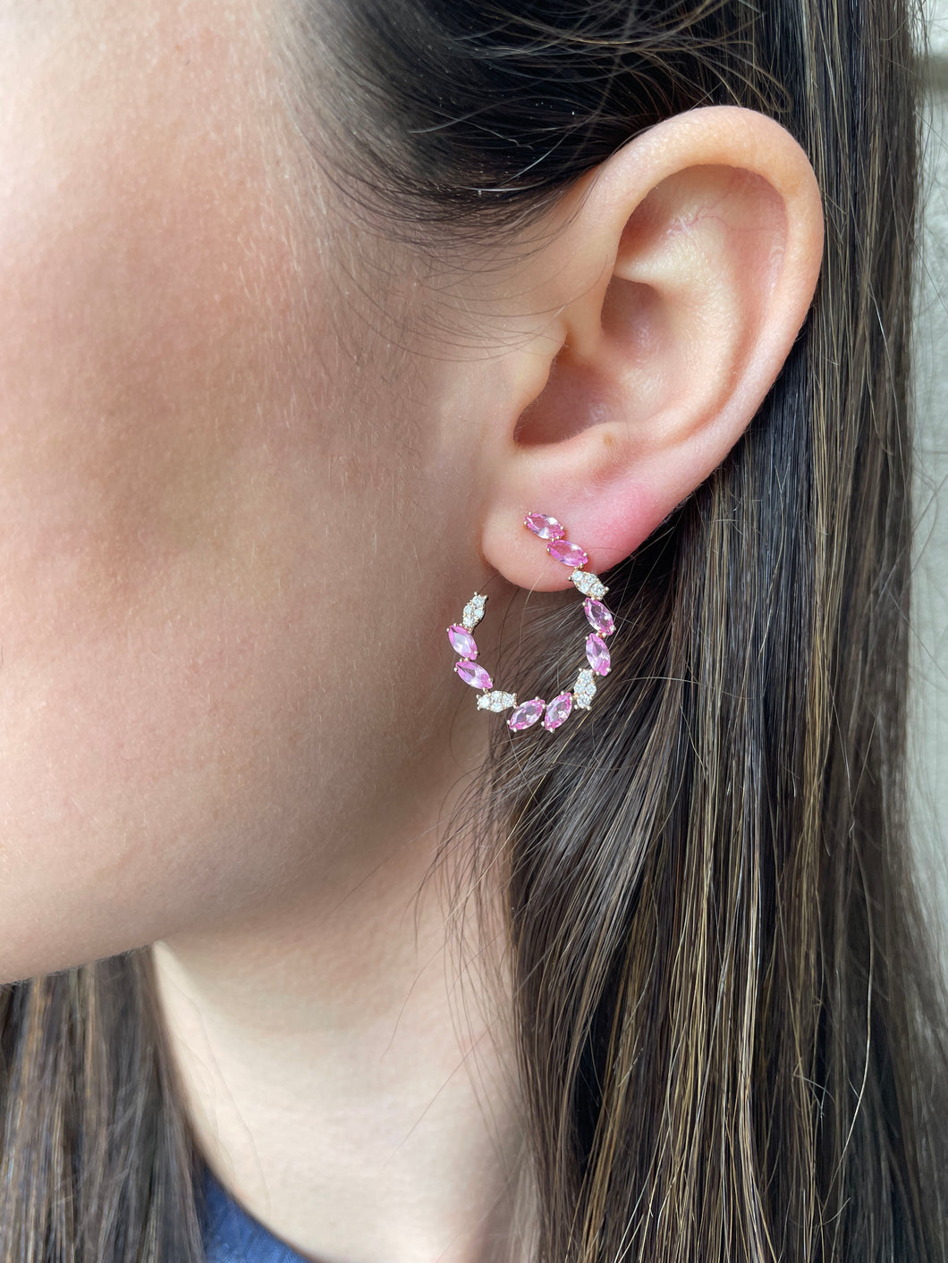 14K Rose Gold Pink Sapphire and Diamond Scoop Earrings