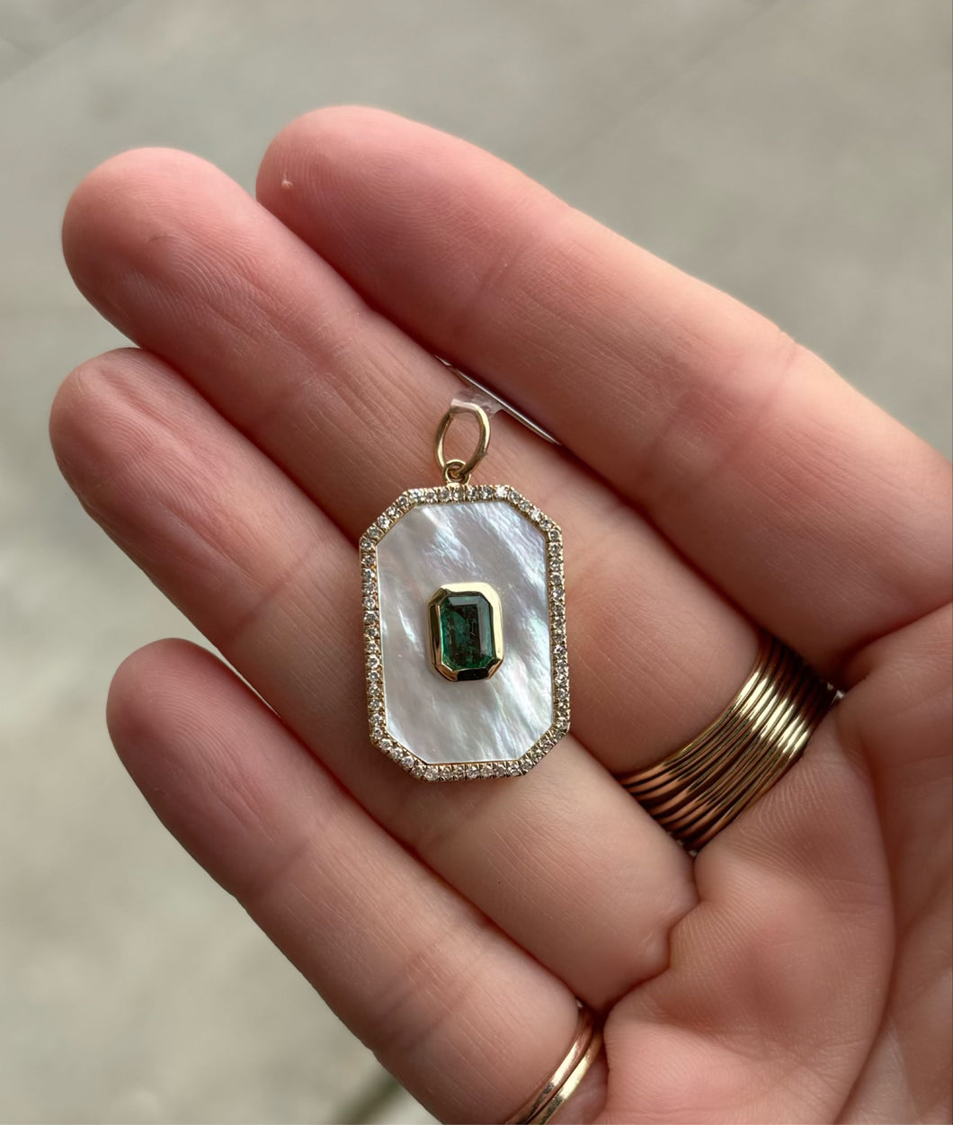 14K Yellow Gold and Diamond Mother of Pearl Emerald Charm