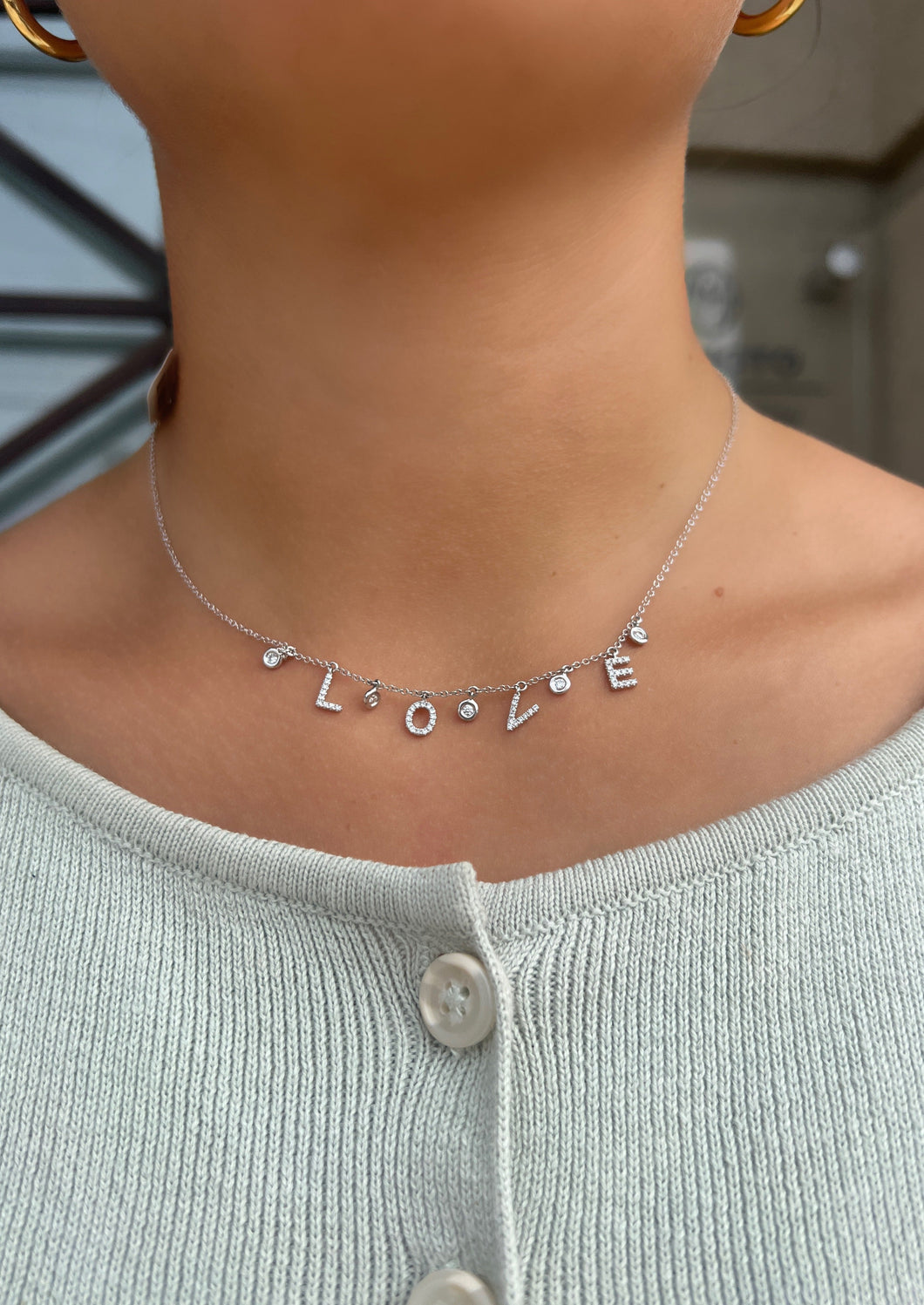 14K White Gold Love Bezel Necklace