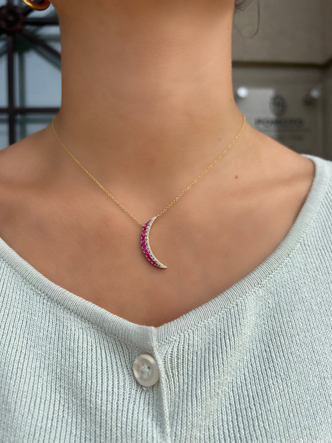 14K Yellow Gold Moon with Pink Sapphire Necklace