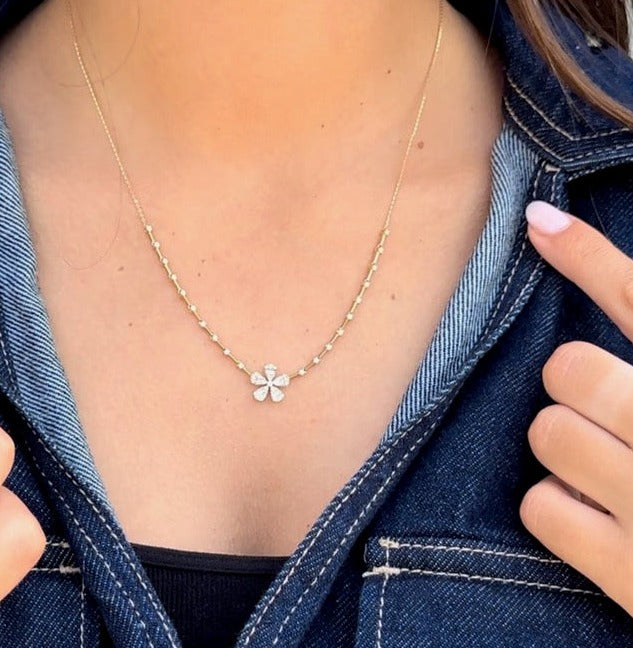 18K Yellow Gold Large Diamond Baguette Flower Necklace