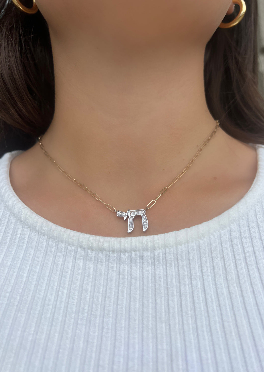 14K Yellow Gold Baguette Chai Paperclip Chain Necklace