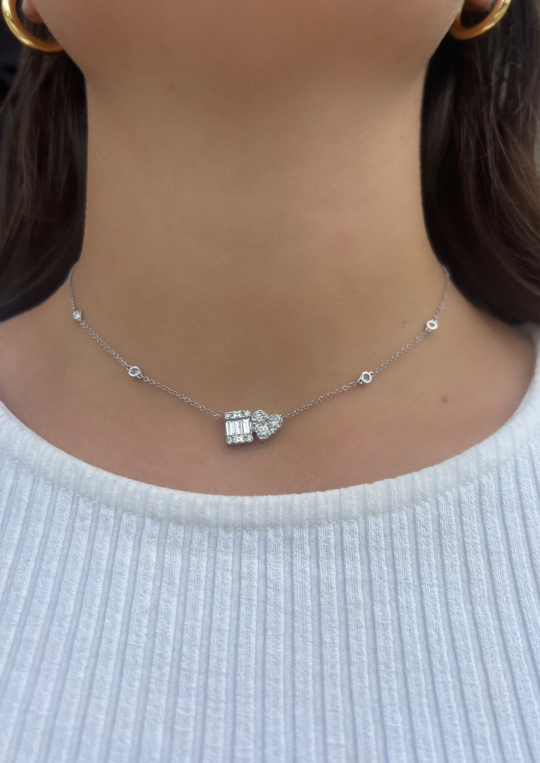 14K White Gold Baguette and Heart Diamond Necklace With Diamond by the Yard Chain