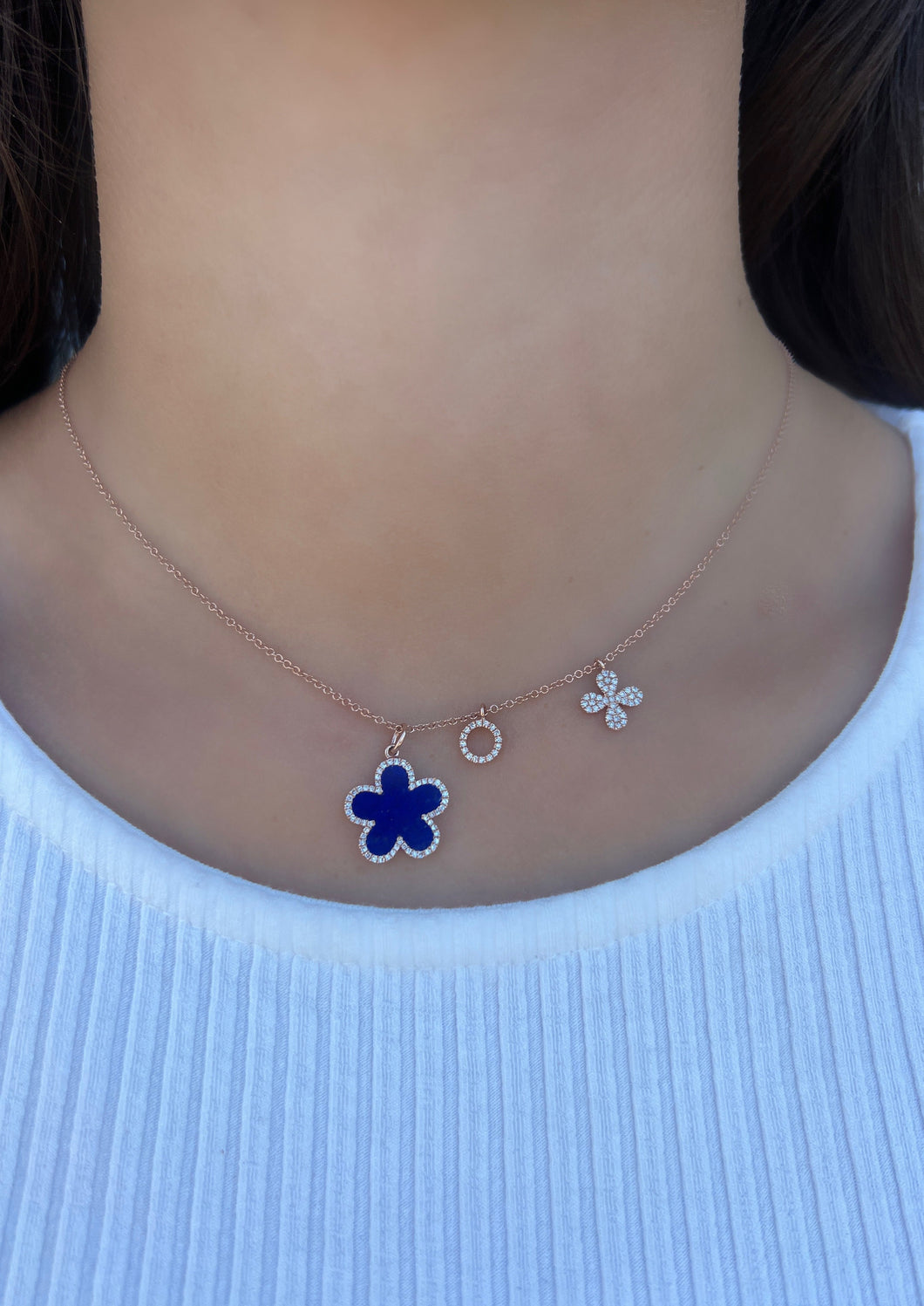 14K Gold Diamond Lapis Clover Charm Necklace