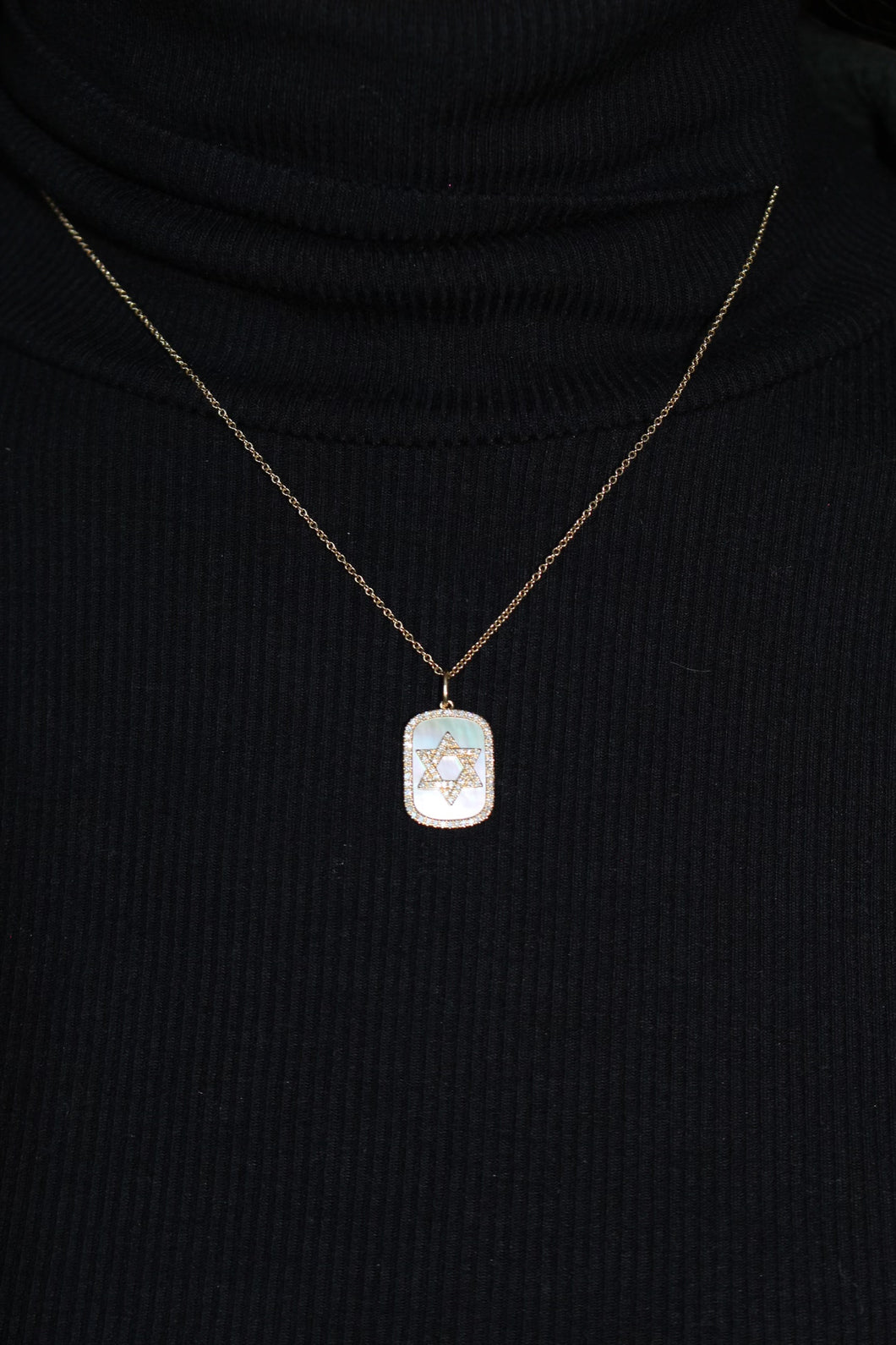 14K Yellow Gold Mother of Pearl Diamond Star of David Dog Tag Necklace