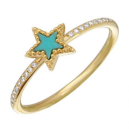14K Gold Turquoise Star Ring with Half Diamond Band