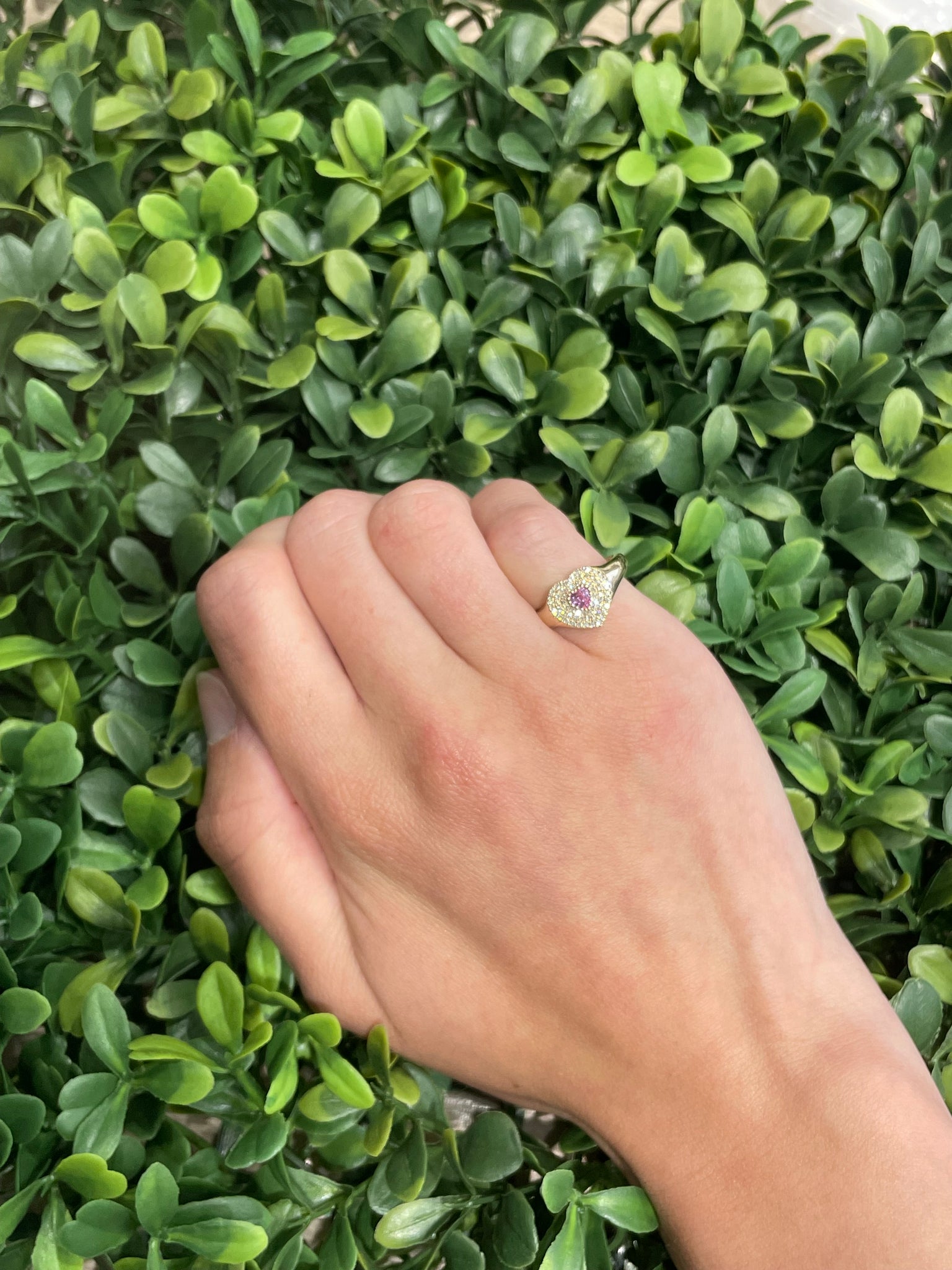 14K Yellow Gold Diamond Pink Sapphire Heart Pinky Ring