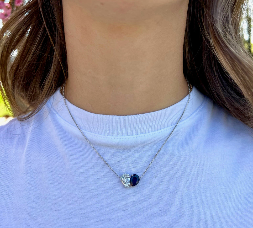 14K White Gold Two Stone Pear Diamond and Sapphire Necklace