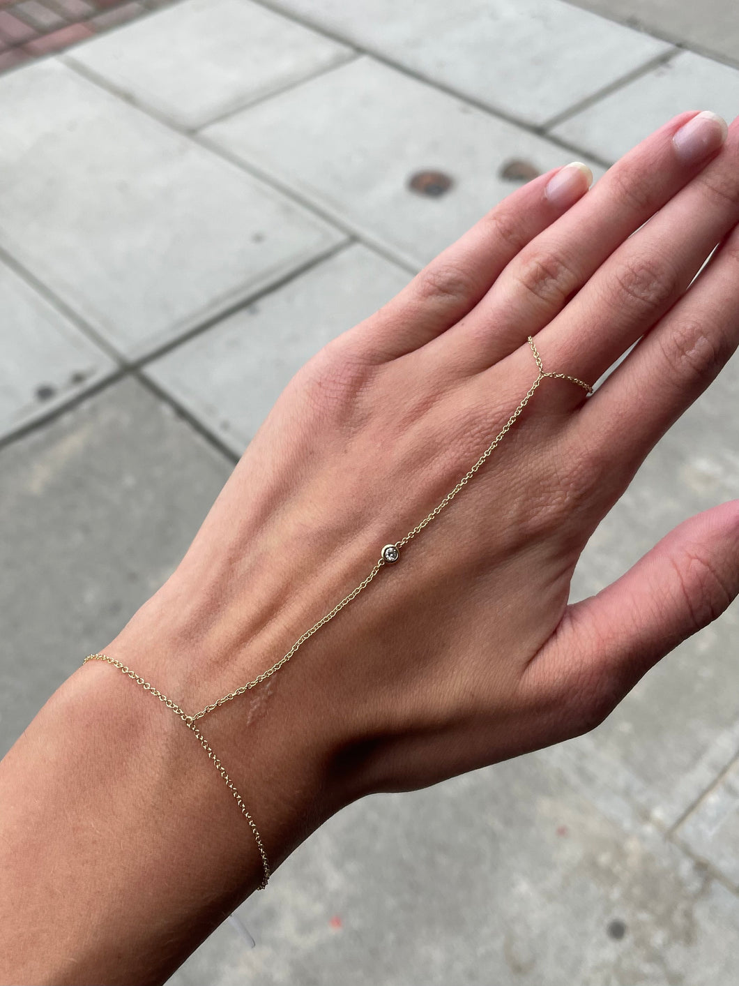 14K Yellow Gold and Diamond Bezel Hand Chain
