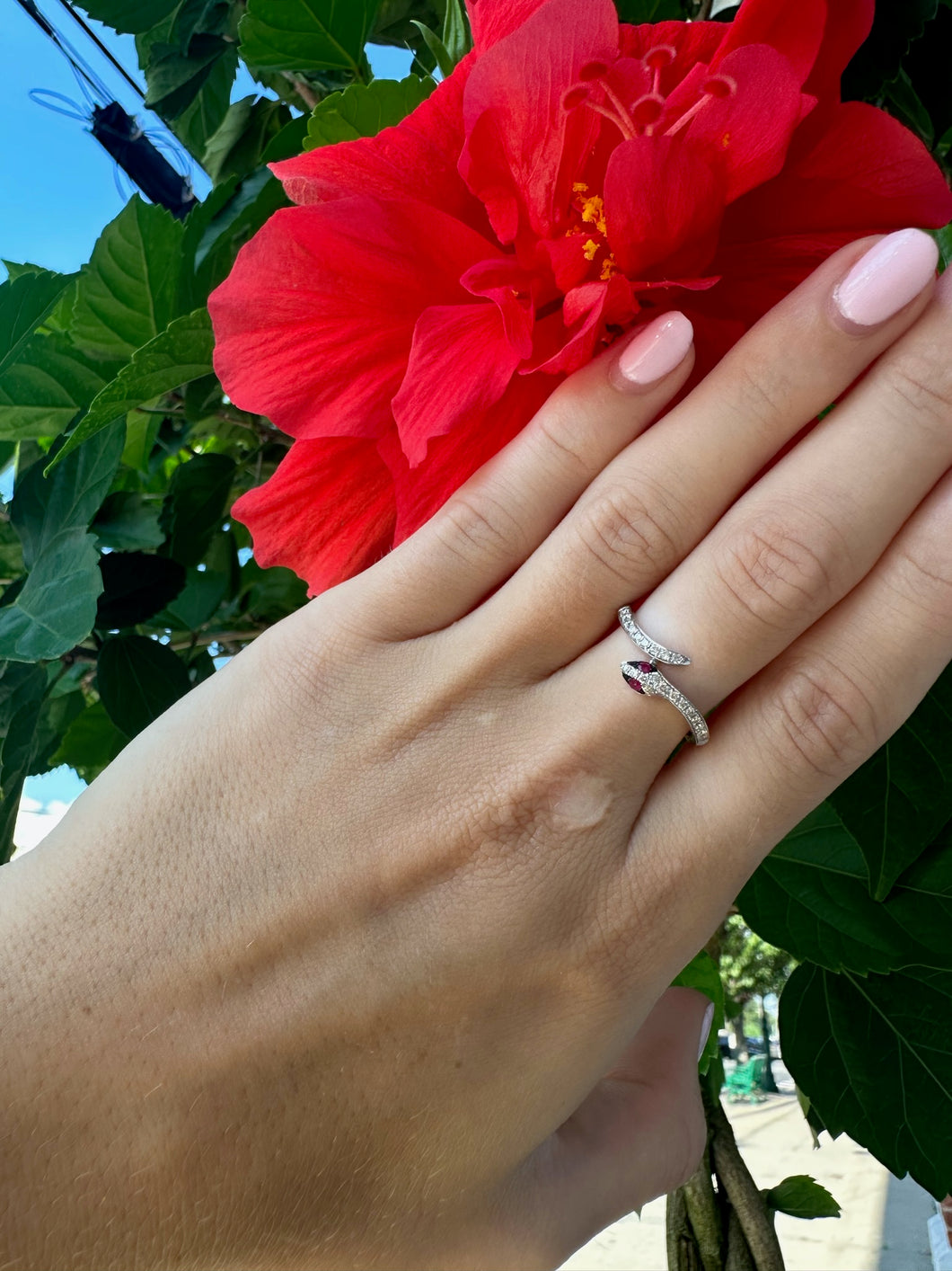 14K White Gold Snake Ring with Ruby Eyes
