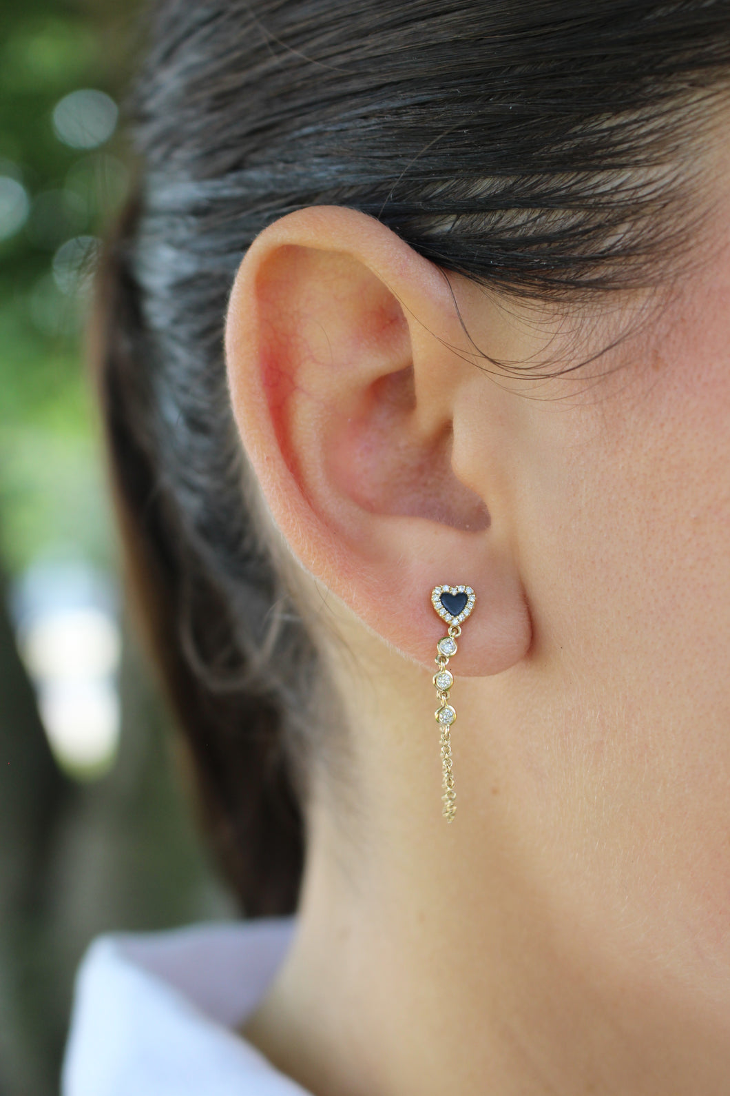 14K Yellow Gold Diamond Black Onyx Heart Chain Earrings