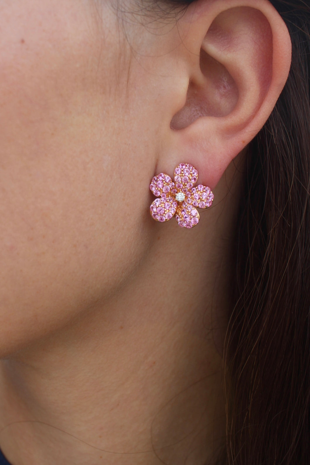 14K Yellow Gold Pink Sapphire and Diamond Flower Studs