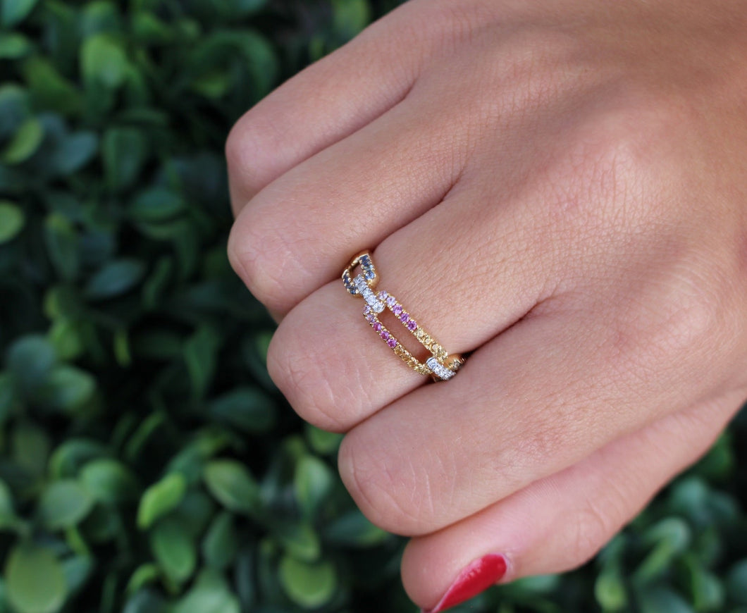 14K Yellow Gold Rainbow Chain Link Ring