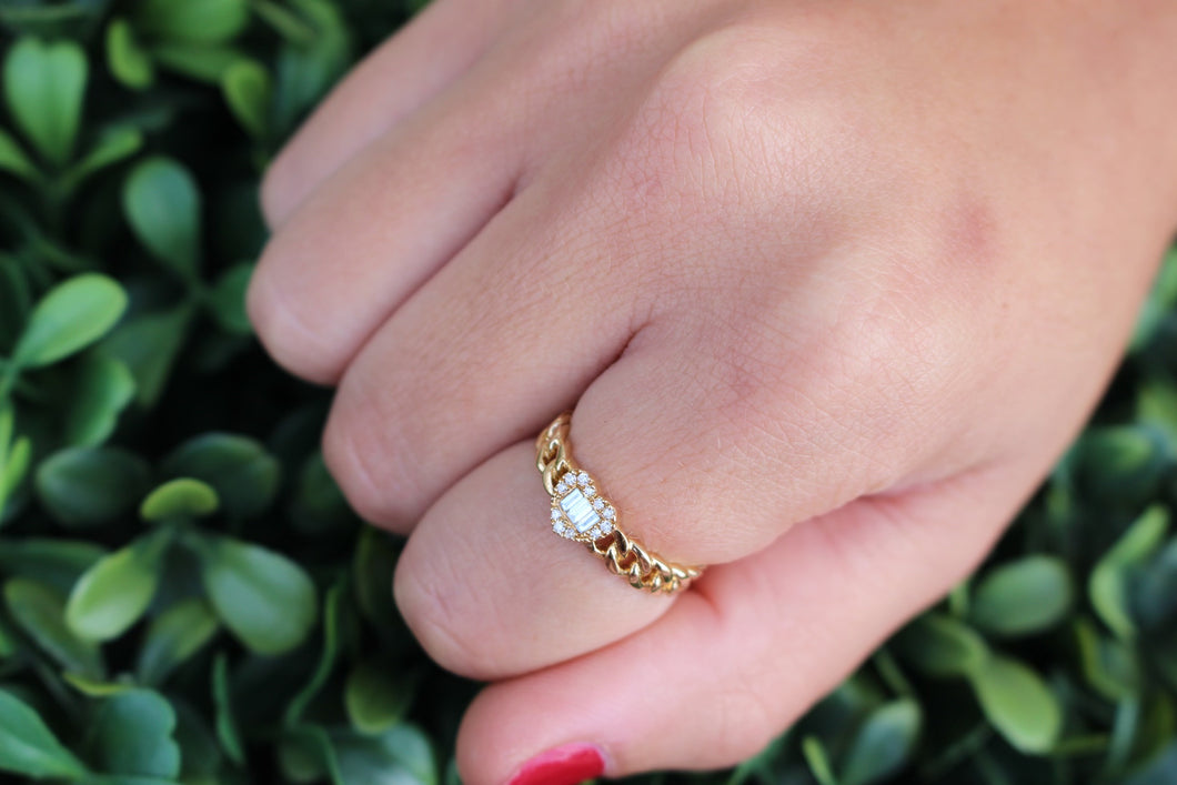 14K Gold Diamond Baguette Heart Cuban Ring
