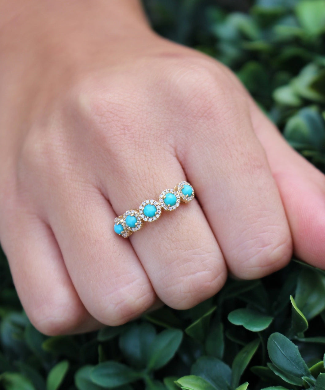 14K Yellow Gold Turquoise and Diamond Halfway Ring