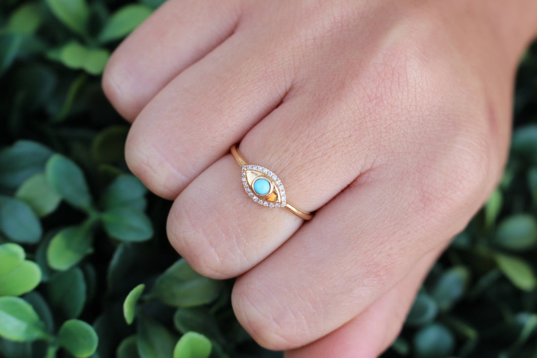 14K Gold Diamond Turquoise Evil Eye Ring