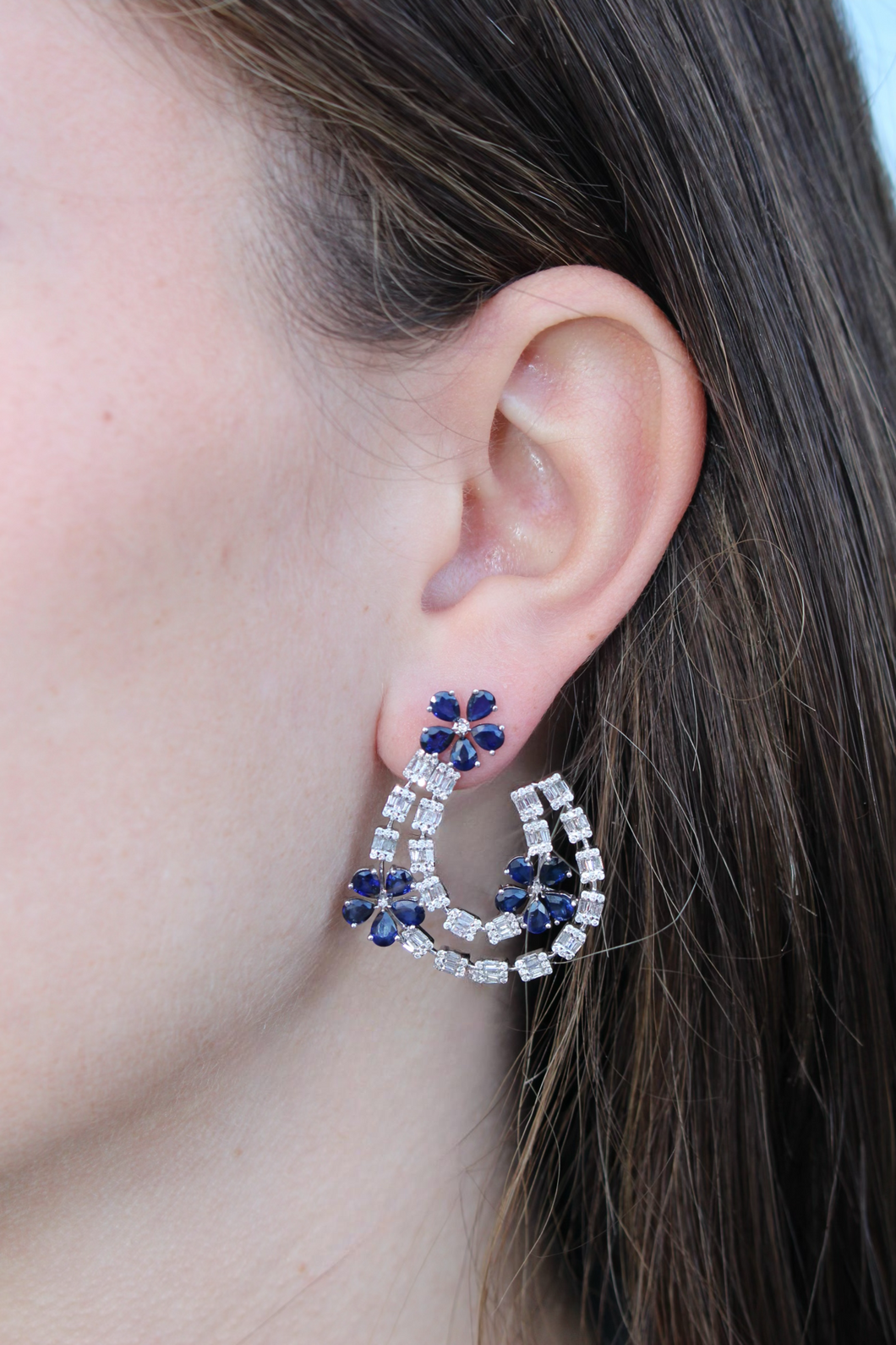 14K White Gold Sapphire Diamond Flower Hanging Earrings