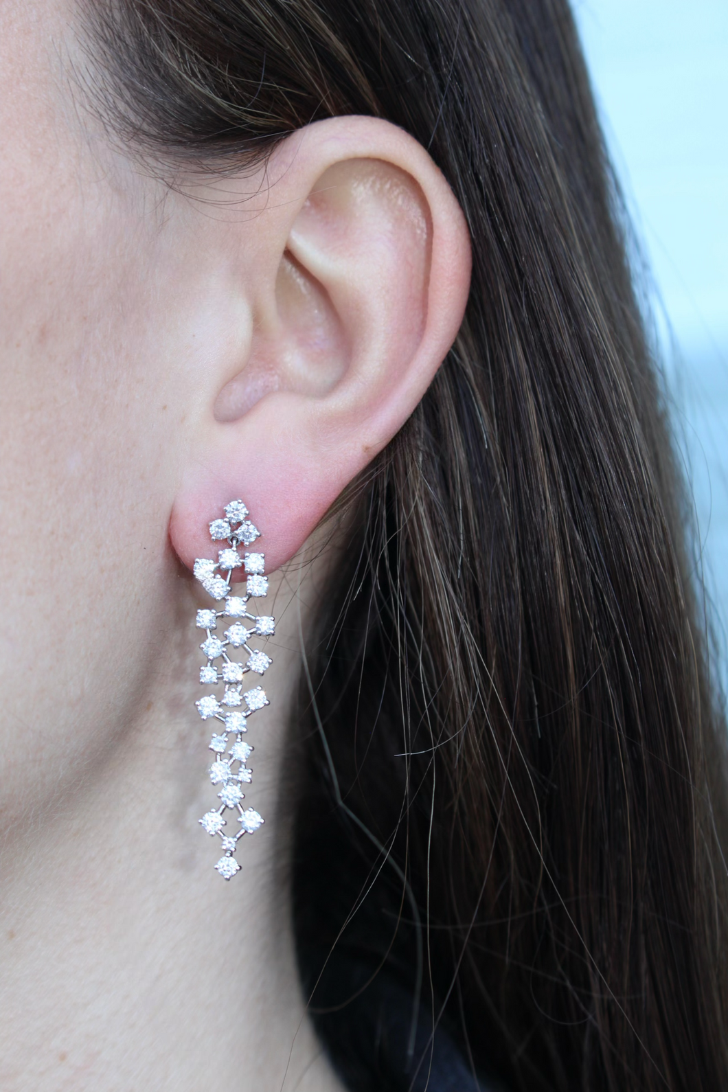 14K White Gold Diamond Cluster Hanging Earrings